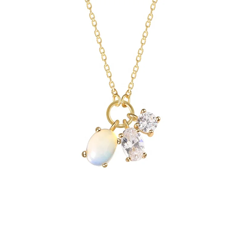 

Unique wholesale 925 sterling silver 18k gold plated geometric pendant moonstone gemstone charm necklace