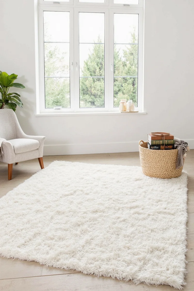 Assorted Wayfair white rugs displayed in a catalog-style layout