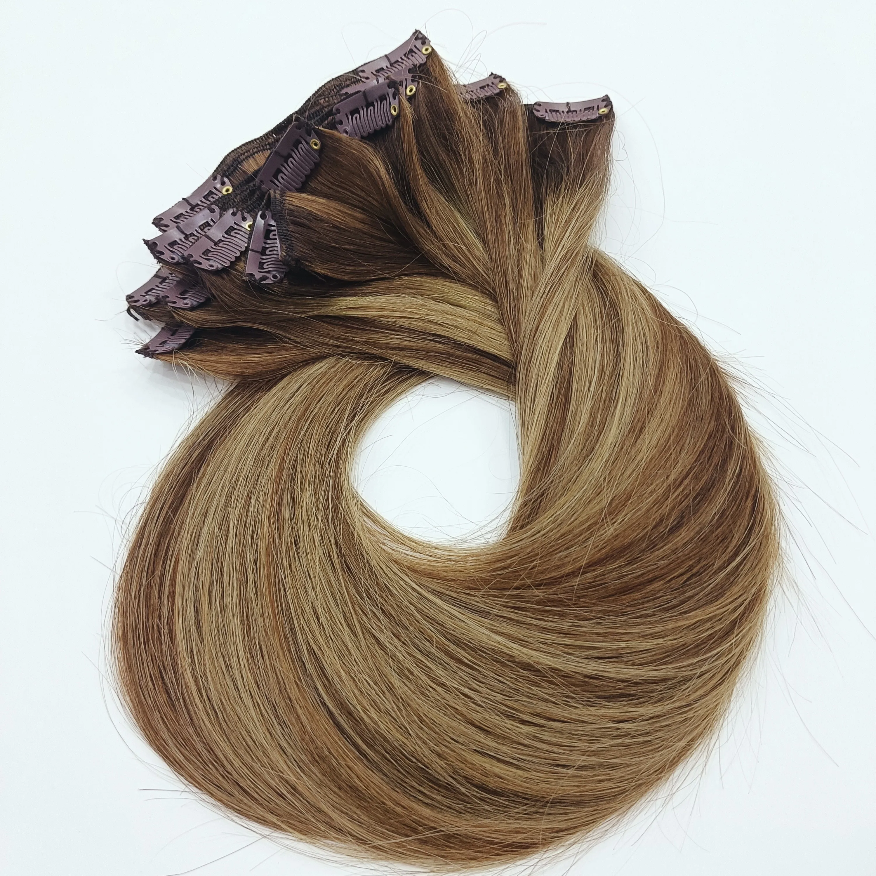 

Wholesale 100% Human Hair Cuticle Aligned Pinao/Ombre color Double Drawn Human Hair Clip In Extensions