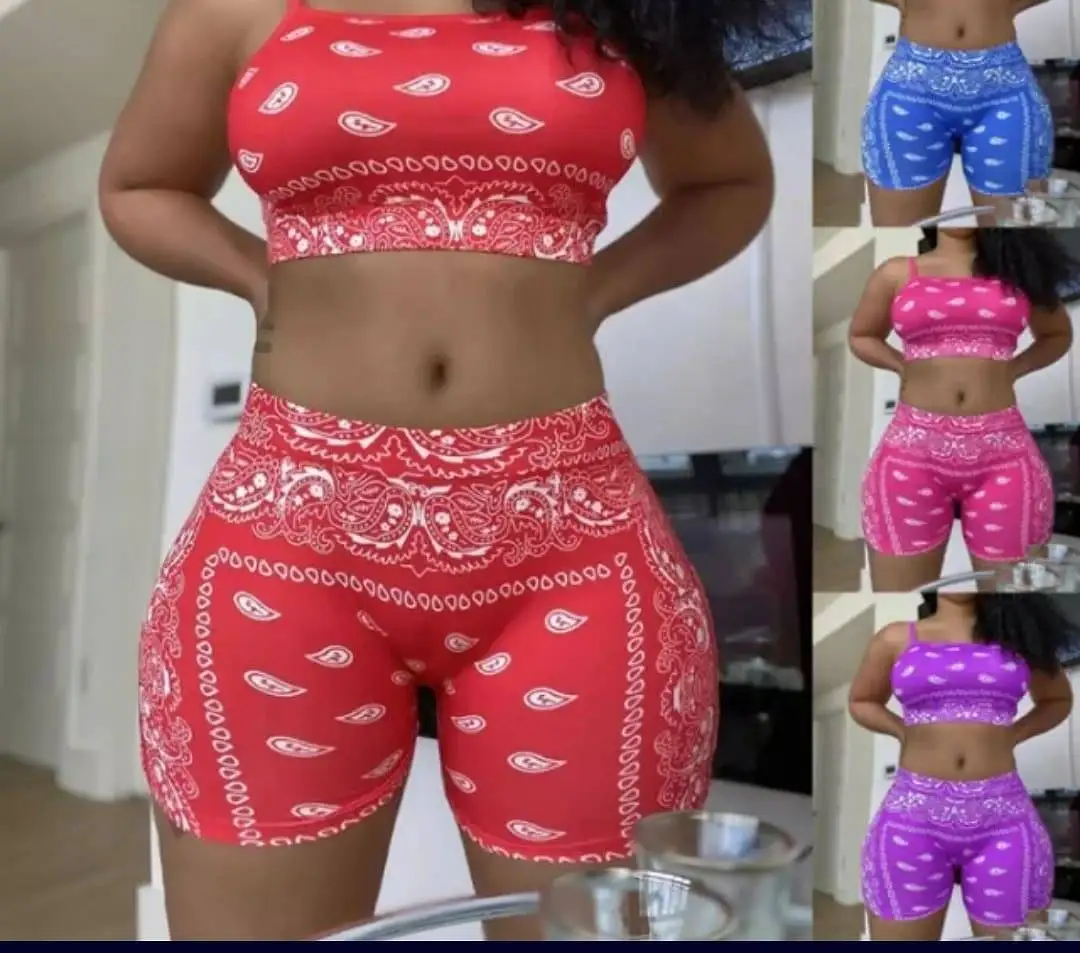 

S-5XL HOBISH Print Halter Short Top Shorts Suit Womens Casual Fashion Two Piece Set