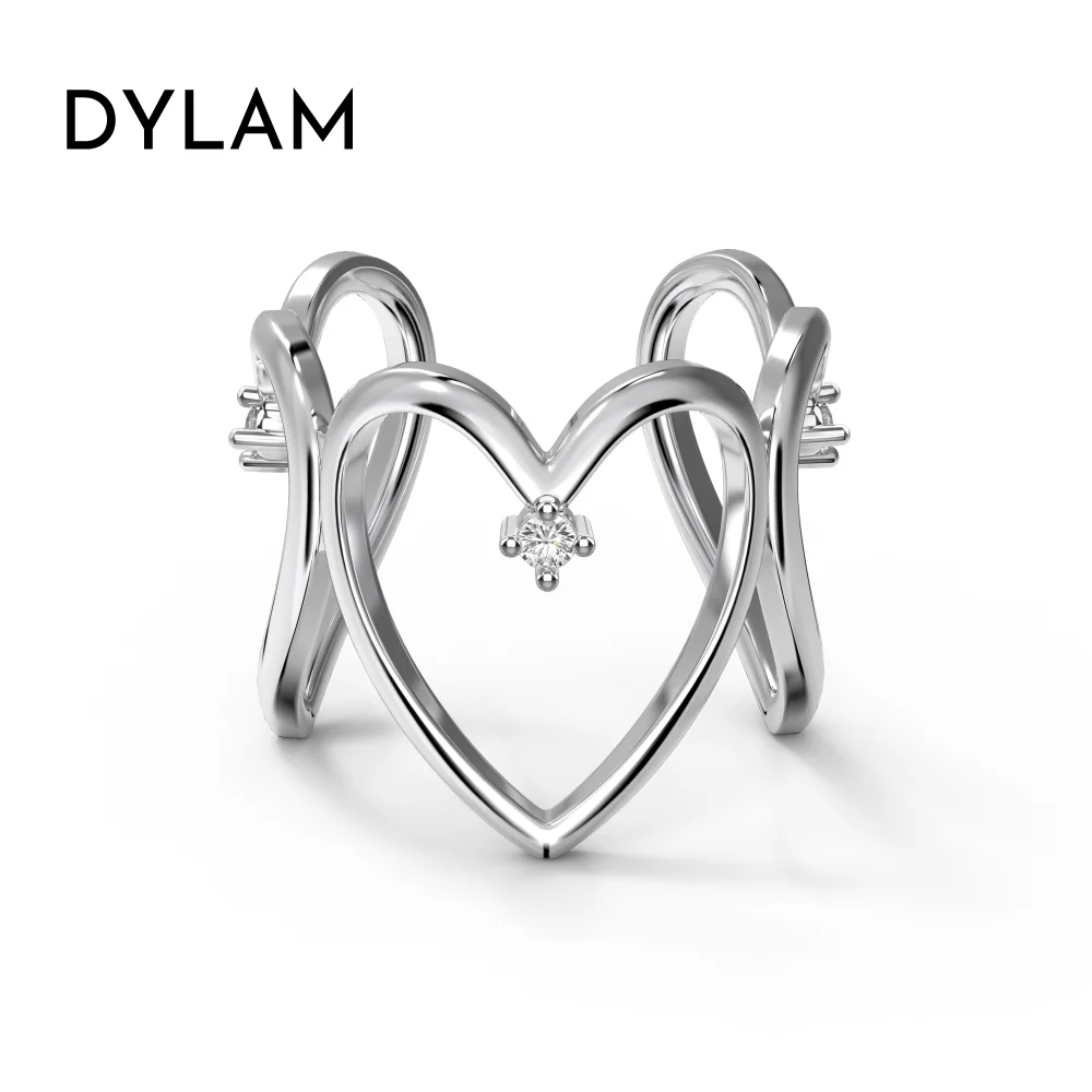 Dylam Big Love Cz Zirconia Ring S925 Sterling Silver 18K Gold Plated Jewelry Adjustable Open Hollow Heart Rings For Women