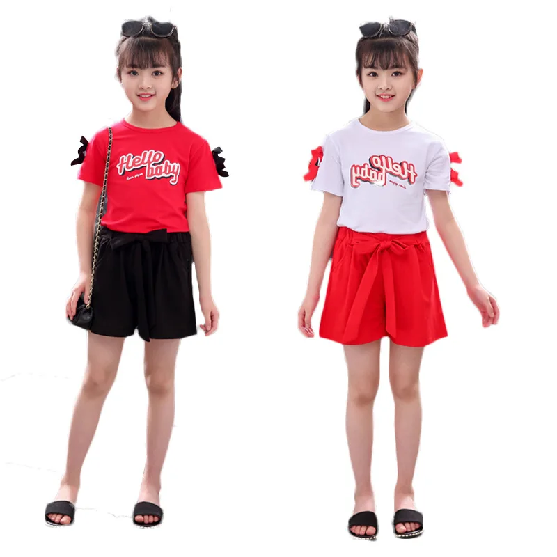 

Wholesale Children's Wear Summer New Girls' Short Sleeve Set Children's Cotton Stretch Five-minute Trousers 2 Pieces
