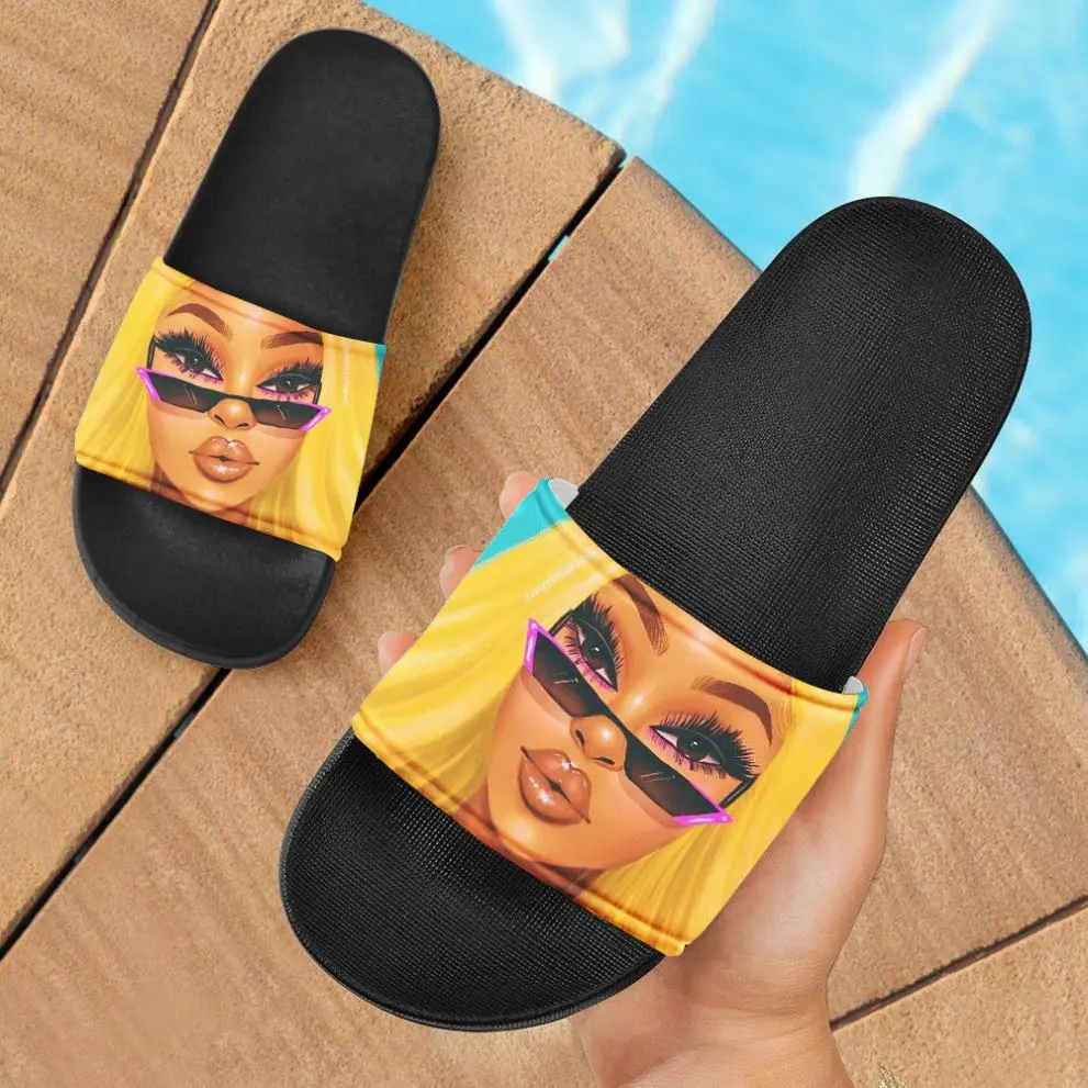 

Wholesale Custom Sandal Slides Female Fashionable Slippers Flat Women Home Footwear Eva Black Soles Durable High Quality Printed, Like picture shows,support custom