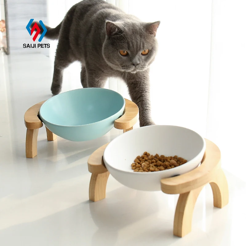 

Saiji manufacturer wholesale luxury protect cervical spine adjustable angle cute design dog cat bowl ceramics with wood stand, Blue, white, customized color