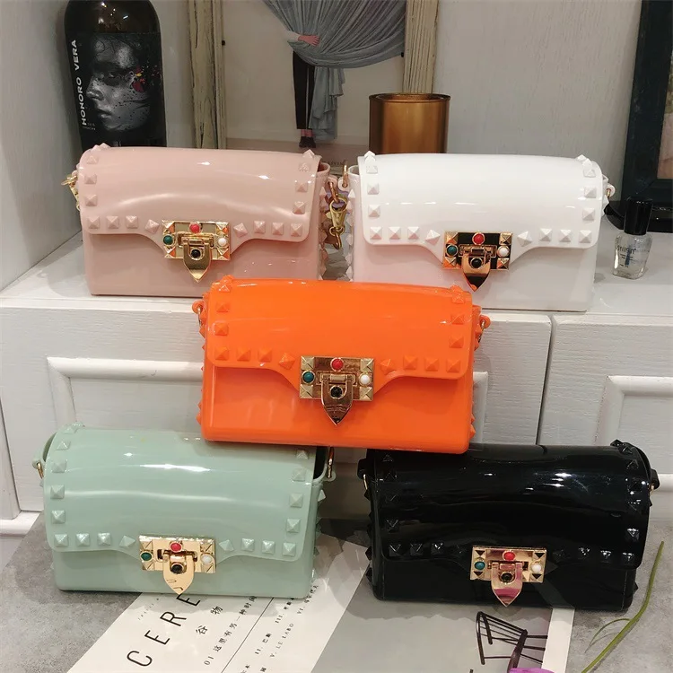 

Summer 2021 new macaron jelly bag pvc rivet drill mini small square bag diagonal seaside shoulder bag, Customizable