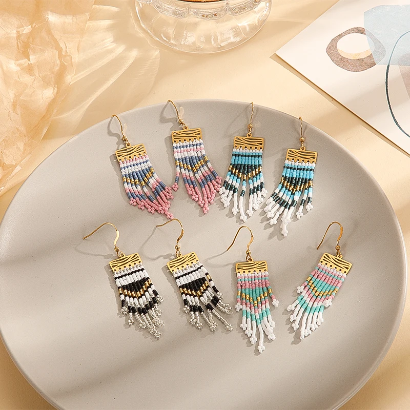 

Hot Sale Boho Tassel Multicolor Stitching Handmade Miyuki seed beads Women Drop Feather Earrings For Wedding