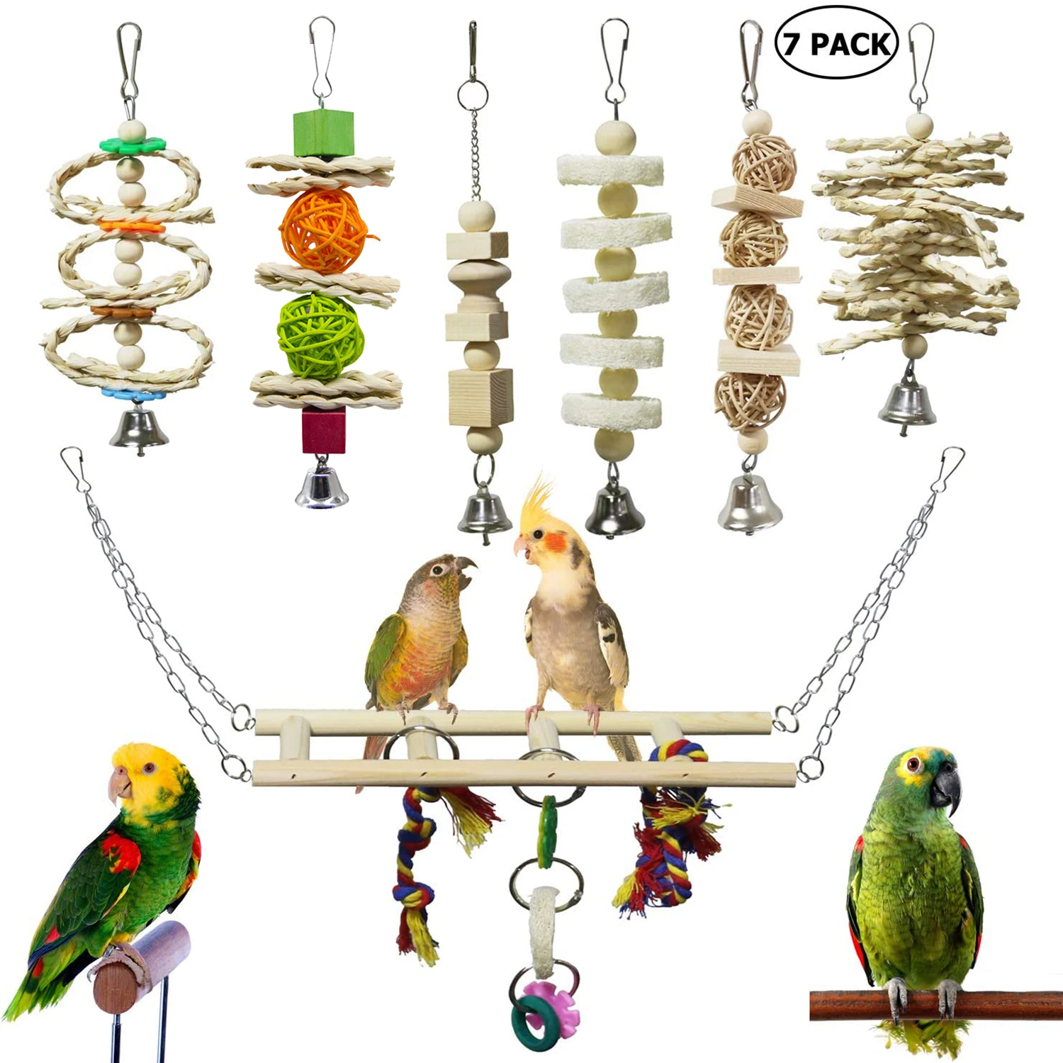 

7 Packs Macaw Bird Parrot Foraging Toys Natural Wood Chewing Toys Hanging Swing Toys for Birds Cage, Pictures shown