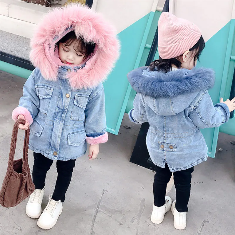 

Little girls winter coat fleece hoodie faux fur kids coat with long sleeve custom girls denim jacket, Picture shown