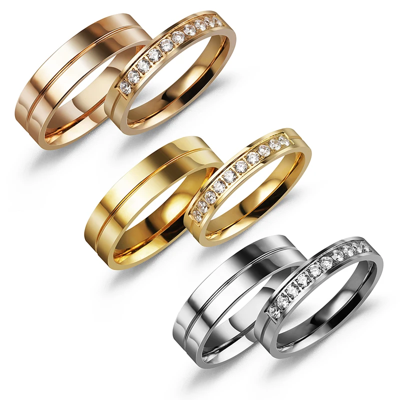 

High Quality Stainless Steel Jewelry Gold Plated Zircon Wedding Couple Jewelri Rings