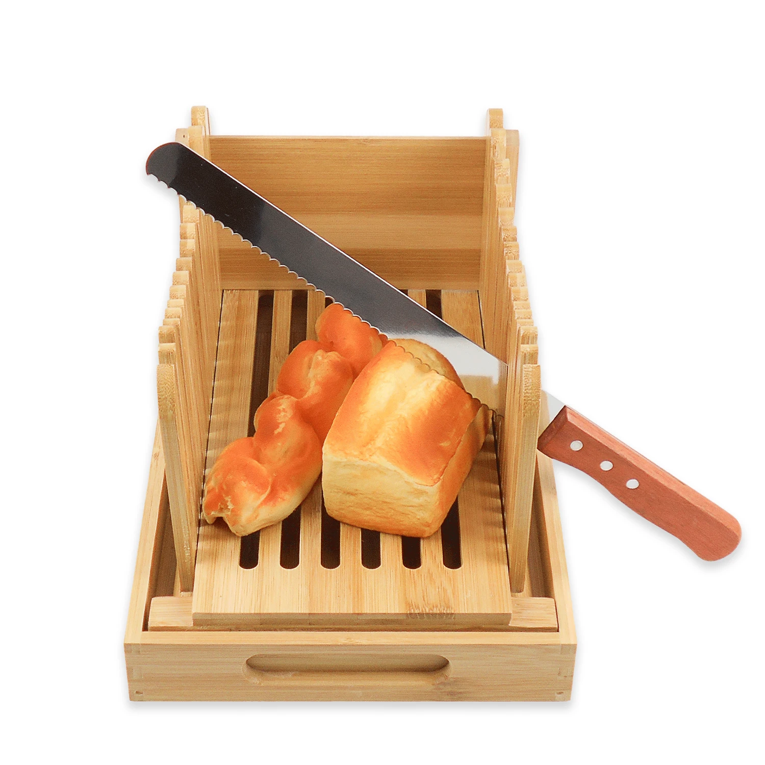 

Hot Sale Bamboo Foldable Manual Bread Slicer With Crumb Catcher Tray