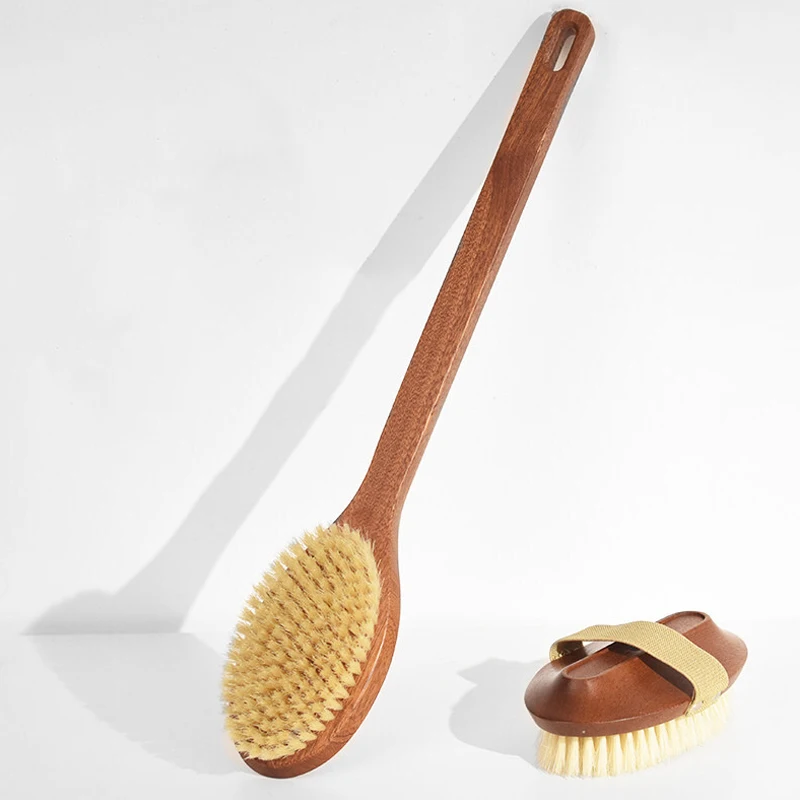 

Long Handle Double-sided Wet Or Dry Shower Brush With Sift Bristle Bath brush, Natural colours