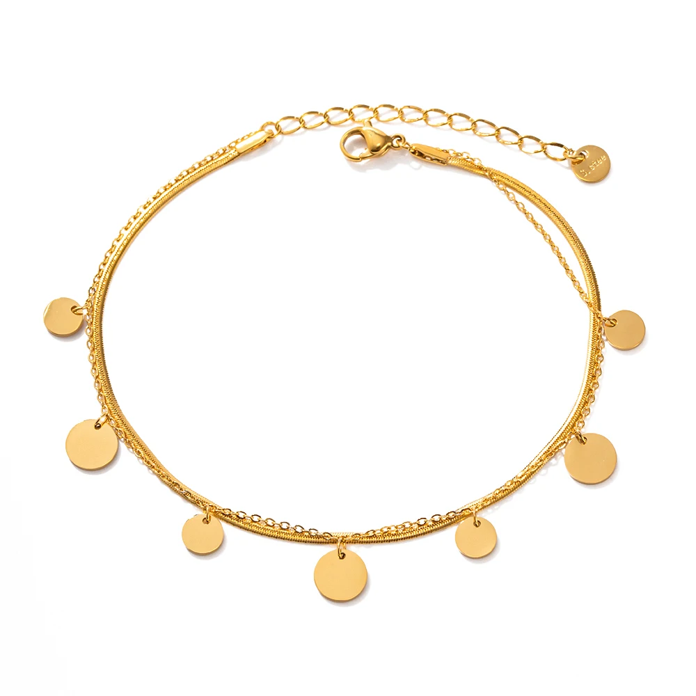 

18K Gold Plated Stainless Steel Foot Jewelry Chain Petal Small Round Disc Tassel Anklet for Women
