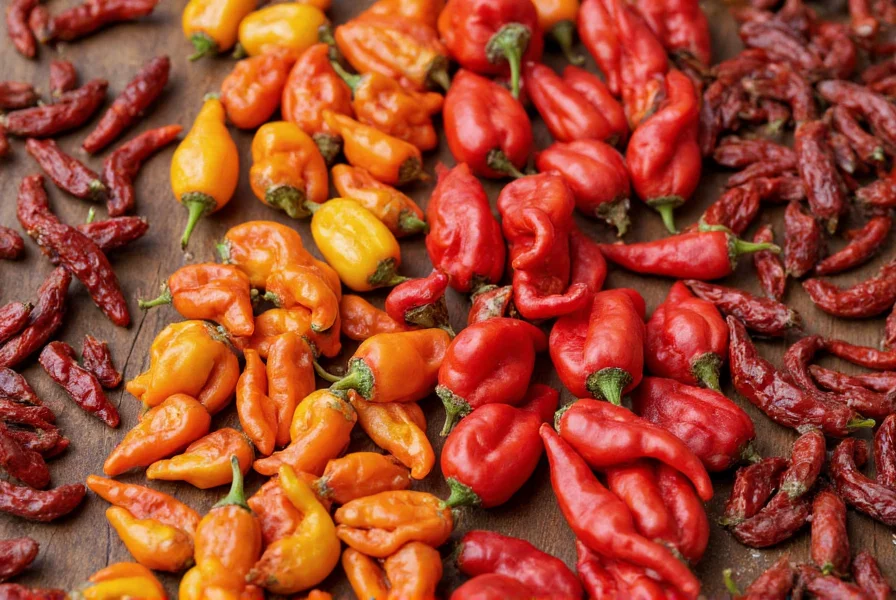 Close-up photography of various dried chile peppers arranged by color and size on wooden table