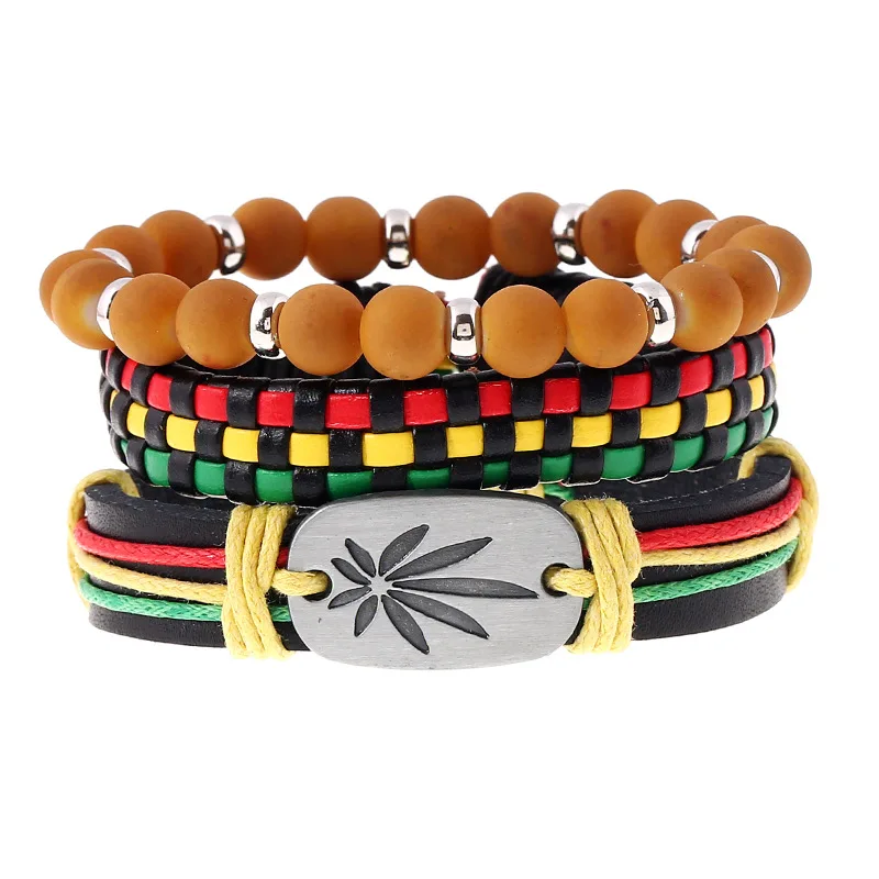 

Wholesale Elastic Beaded Bracelets Handmade Green Yellow Red Black Genuine Leather Bracelet Set For Men