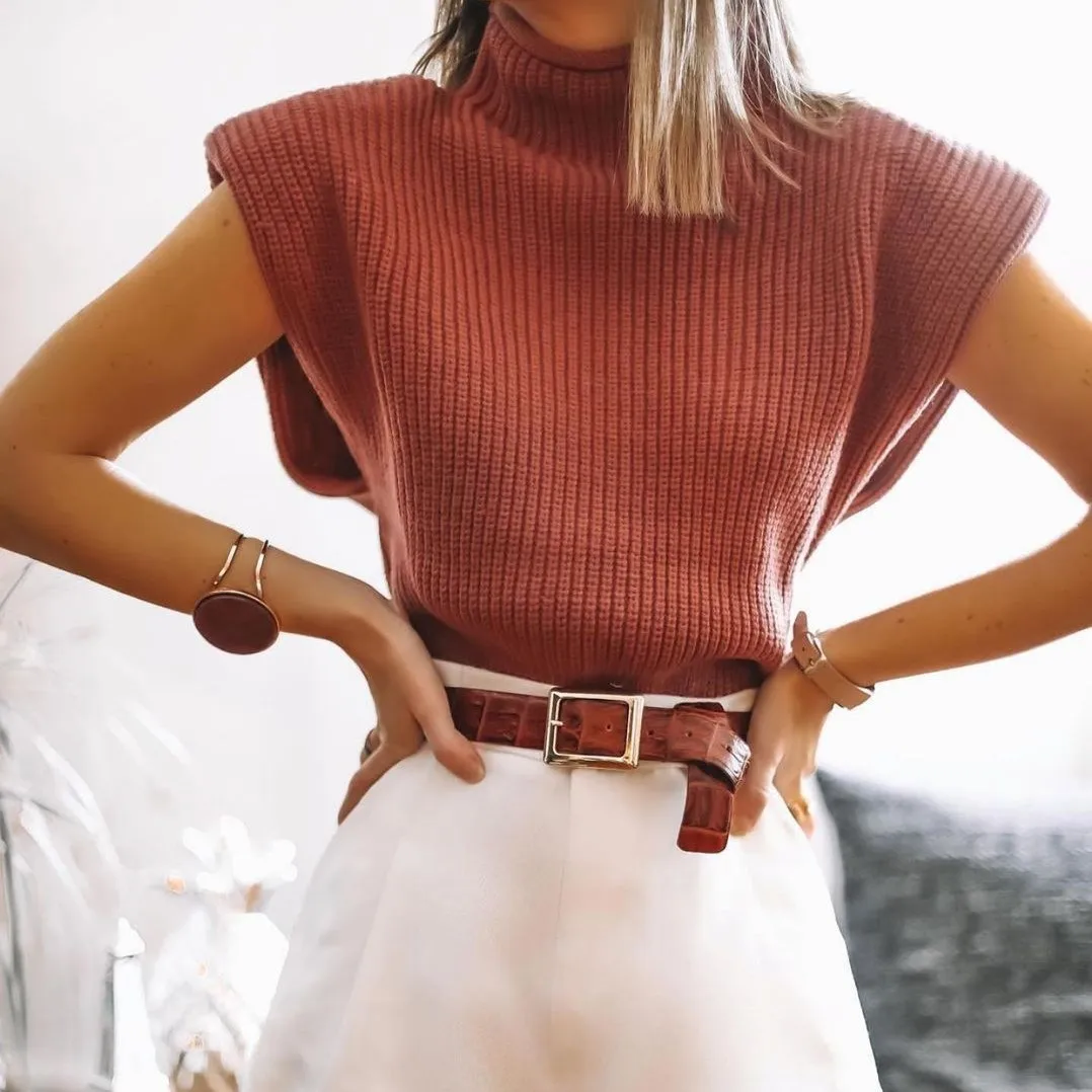 

Turtleneck Sleeveless Vest Sweater Women 2022 With Shoulder Pads Knitted Pullover Autumn Winter Jumper Casual Tops Fashion, Picture