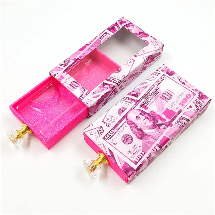 

luxury money eyelash packaging box with handle pink draw dollar bill lashes case cash eyelash box holder