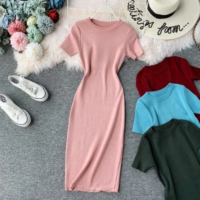 

2020 European Fashion Solid Color Elastic Knitted Dress Women
