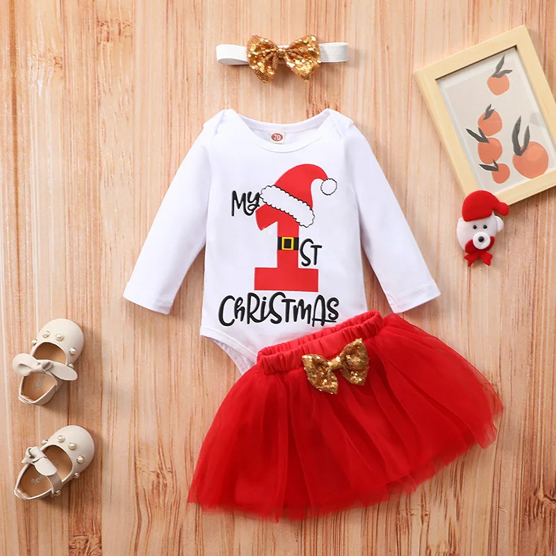 

Xmas Girls Outfits Toddler Baby Christmas long-sleeved Romper Tops Tutu mesh Dress Hairband three-piece suit, As image shown