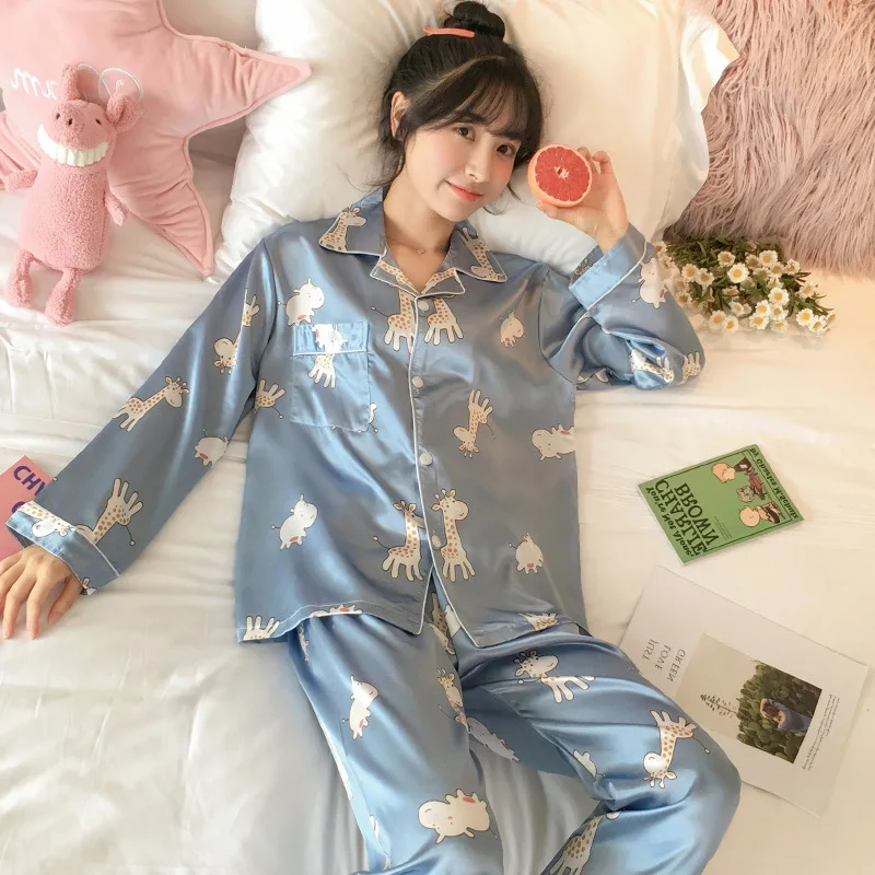 

JULY'S SONG Cartoon Printed Sleepwear For Women Casual Long Sleeve Shirt Pants Homewear Nightwear Soft Faux Silk Pyjama Female