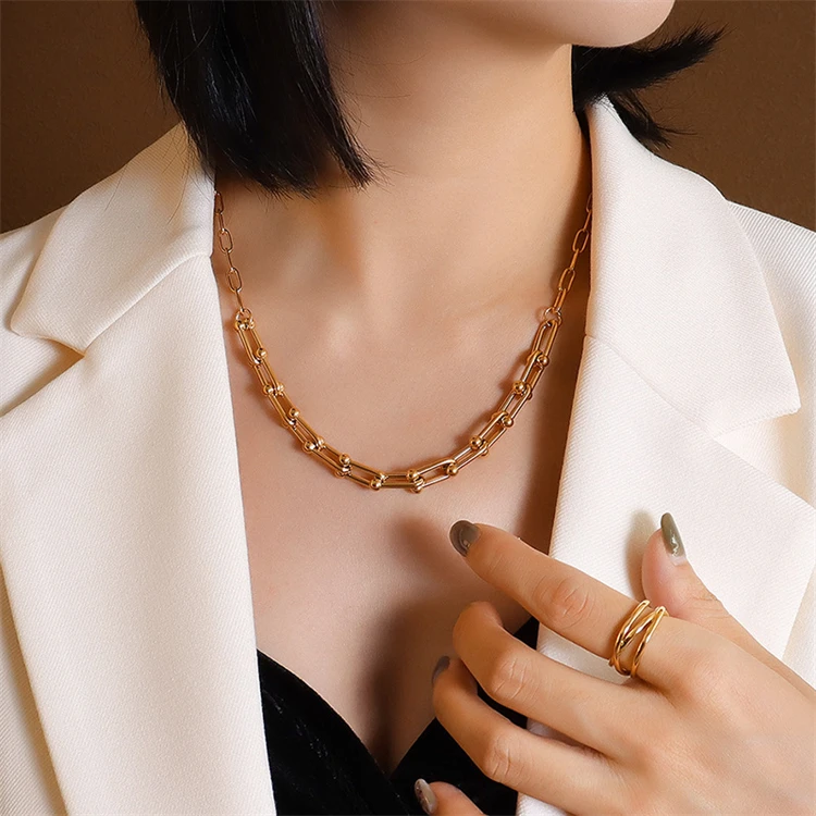

DUODUOCOLOR Fashion trend individuality u type titanium steel material gold necklace womens bracelets D10292, Gold necklace 47+5cm,steel necklace 47+5cm