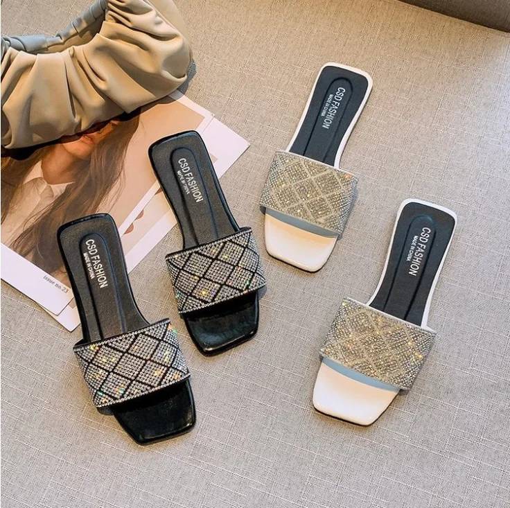 

2021 summer ladies slides sandals rhinestone drag flat non-slip slippers for women, White ,black