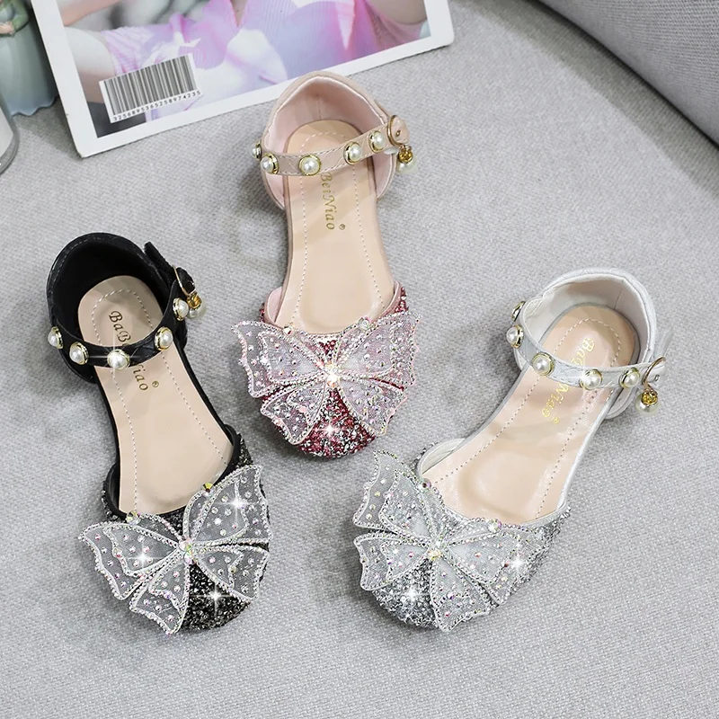 

Dress For Kids Shoes Glitter Upper With Pearl Velcroes Slip On Flat Shoes Wholesale Shoe Butterfly