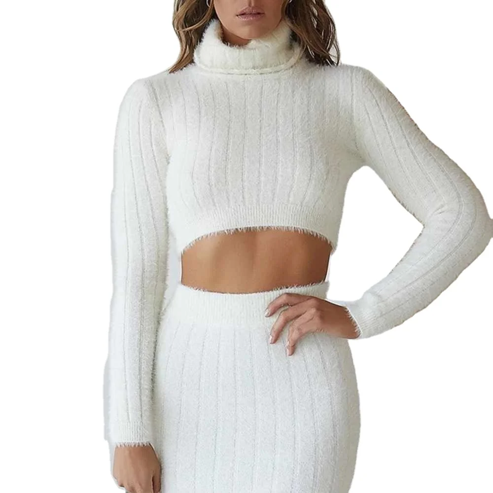 

long sleeve crop knitting top skirt 2 two-piece sweater set women, Picture