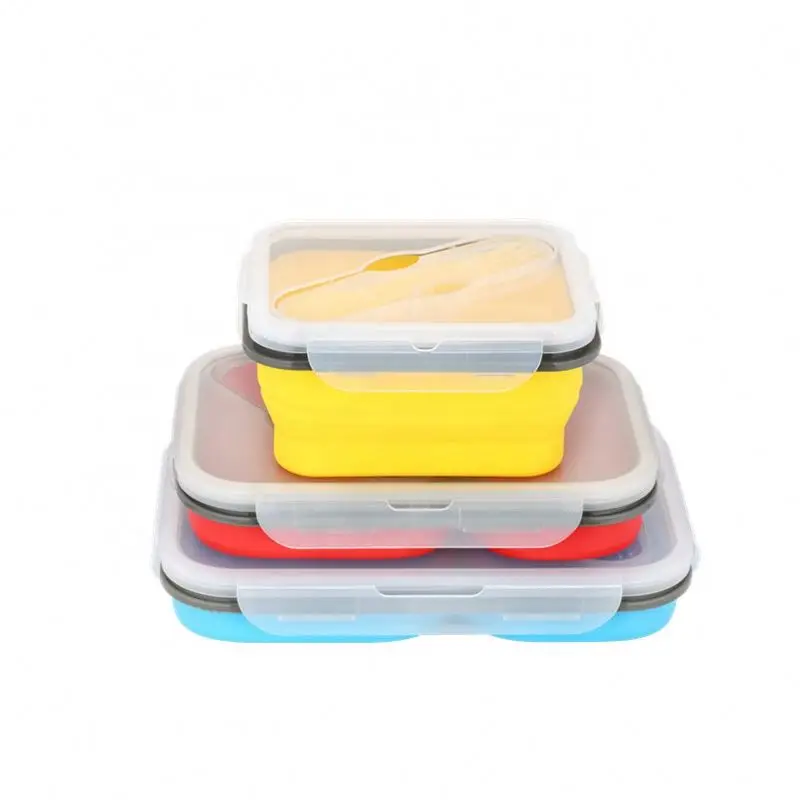 

Gepai foldable three-piece compartment silicone lunch box with plastic fork microwave oven foldable food lunch box wholesale, Green ,red ,yellow ,blue and customized