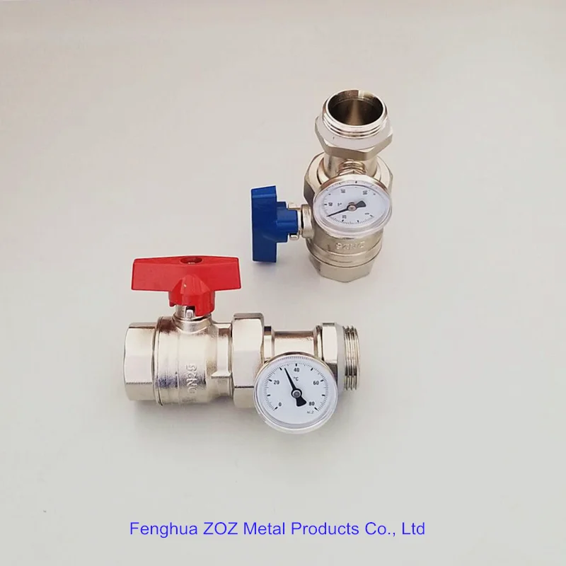 1'' UNDERFLOOR HEATING  MANIFOLD BALL VALVE WITH THERMOMETER RED BLUE HANDLE 
