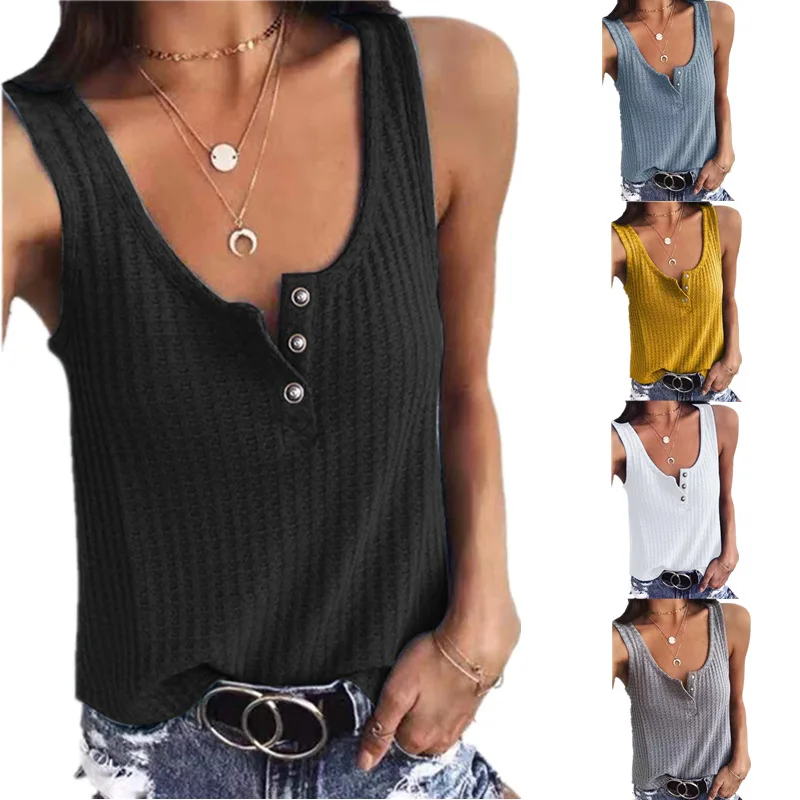 

2021 Summer Women's Solid Color Kint Vest Snap Button U Neck Sleeveless T-Shirt Plus Size Top, Print