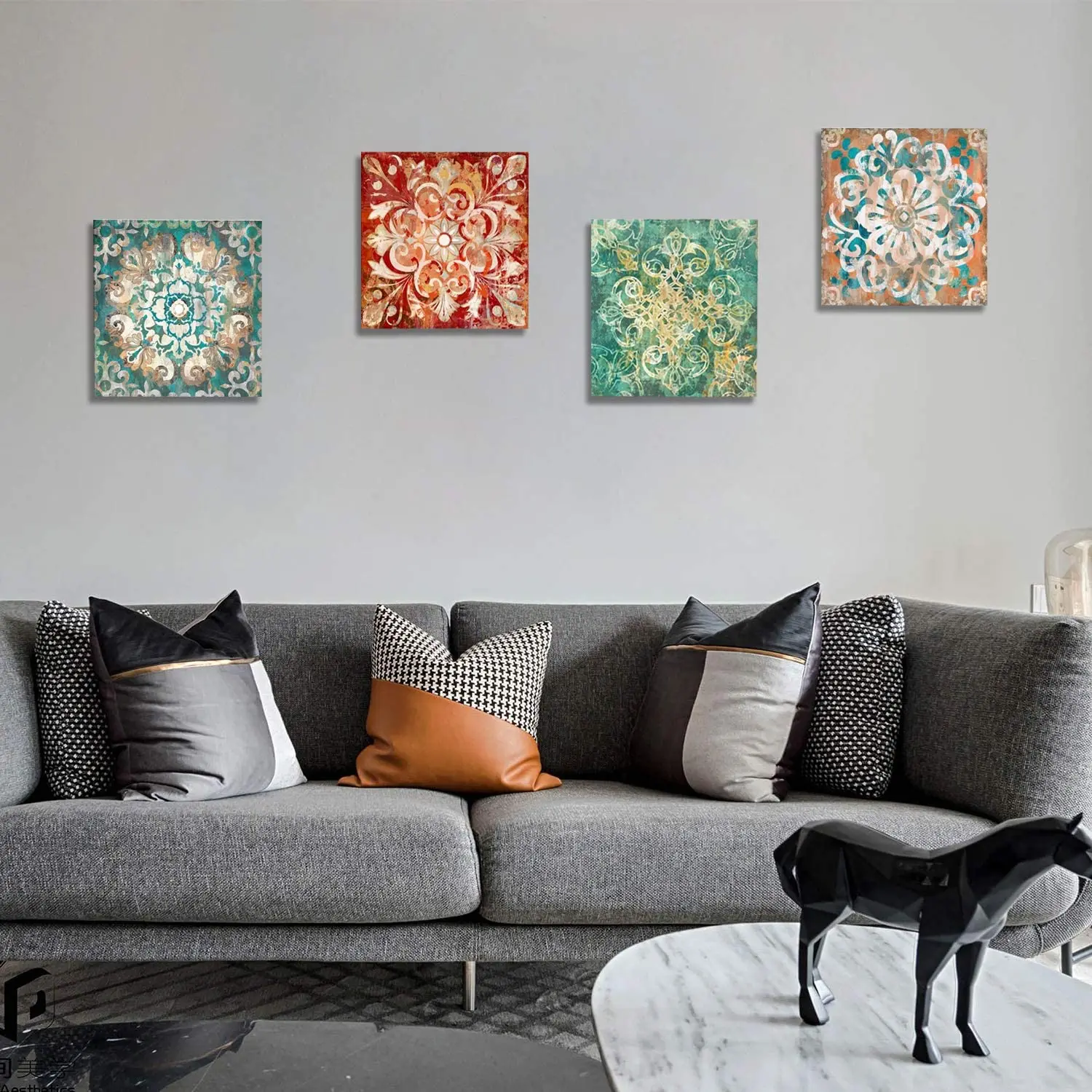 

Mandala Flower Panels Vintage Flowers Pattern Canvas Prints Boho Paintings Mandala Picture for Wall Bohemia Wall Art, Black white and blue