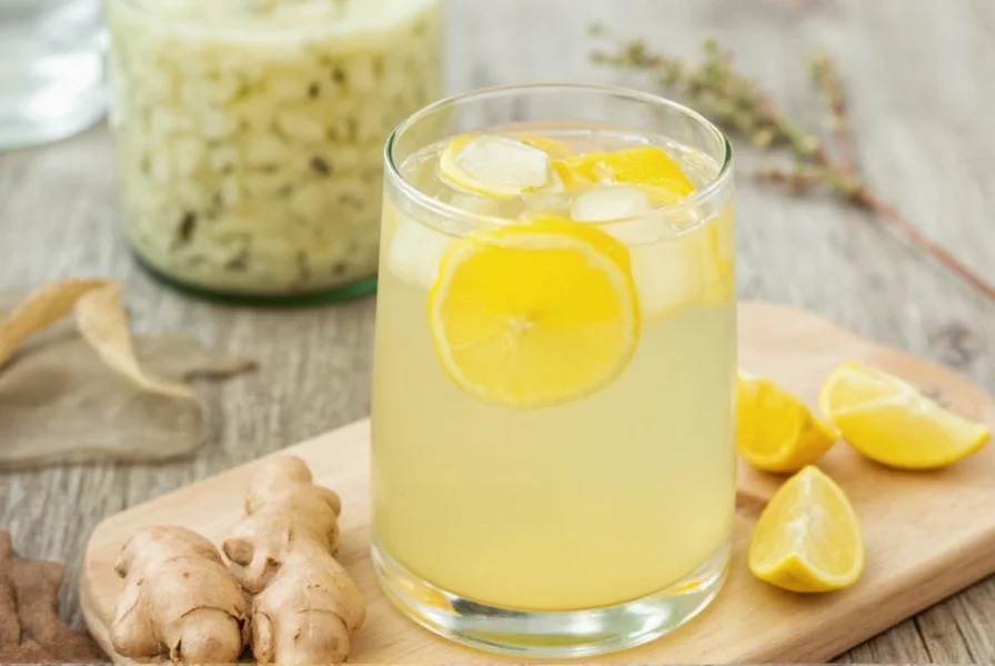 Fresh ginger root sliced and steeping in clear glass pitcher with water