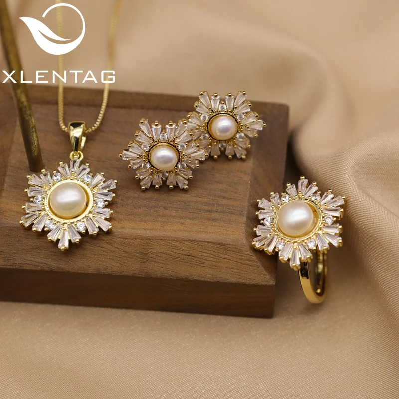 

Gorgeous High Quality Jewelry Set Party Natural Freshwater Pearl Necklace Earrings Ring Jewelry Set for Women, Gold color