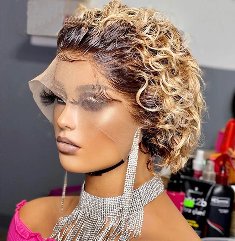 

Perruques Humaines Human Hair Highlight Wig Curly Hair Short Wigs Raw Indian Hair Lace Frontal Wig For Black Women