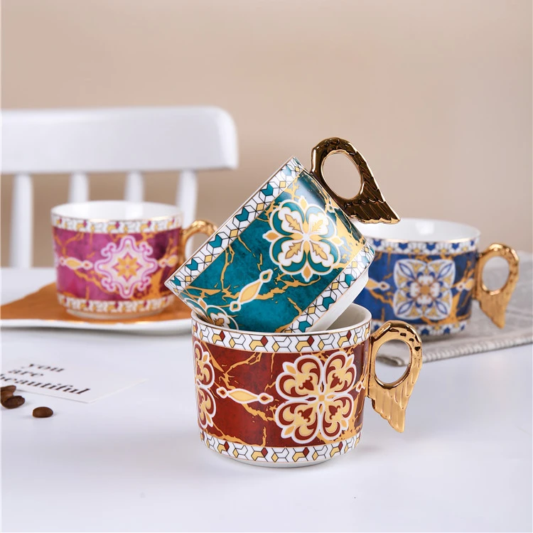 

Moroccan Light Luxury Ceramic Coffee Mug European-Style Coffee Cup & Saucer Set Home Afternoon Tea Flower Tea Cup