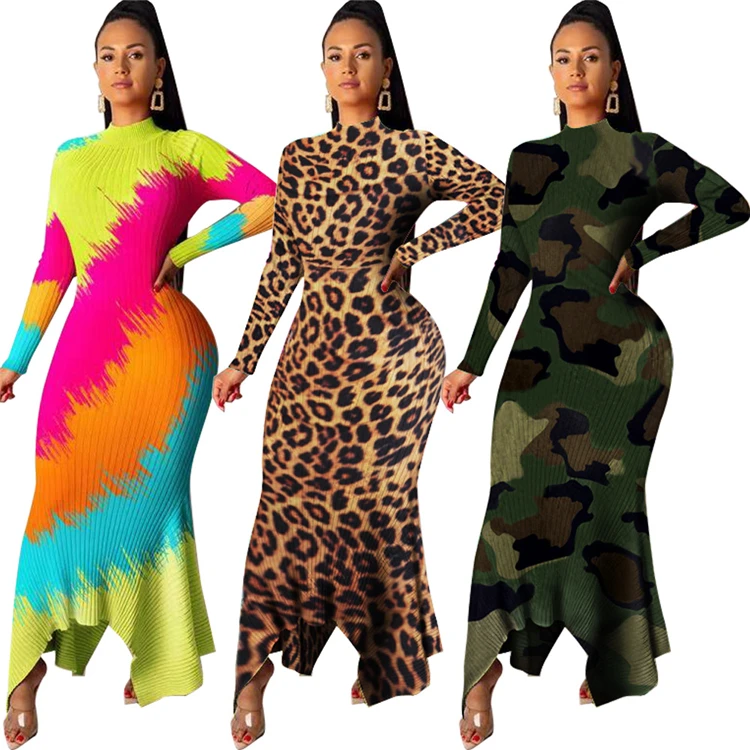 

A91206 Wholesale 2020 fashion sexy long sleeve dress lady full length bodycon O neck leopard camouflage dress for night club