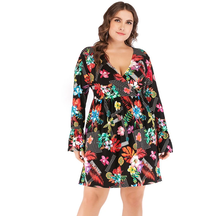 

Large summer dress with round neck print A-line skirt