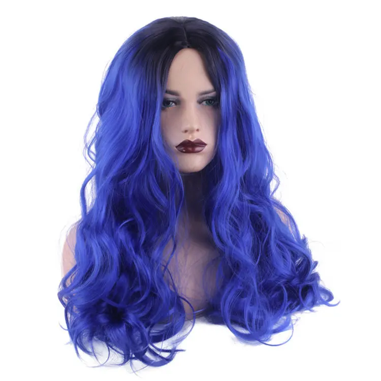 

Black Gradient Blue Purple Long Curly Hair 28 Inch Anime Comic Exhibition Cosplay Hair High Temperature Silk COS Wig, Pic showed