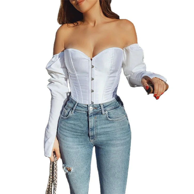 

2022 New style Off Shoulder Tops Strapless Bow Bustier Shirt Long Sleeves Women's Crop Top