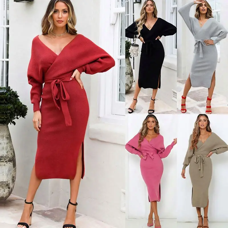 

New Trendy 2020 popular maxi evening dresses long sleeve knitted sexy women lady elegant prom cocktail dresses