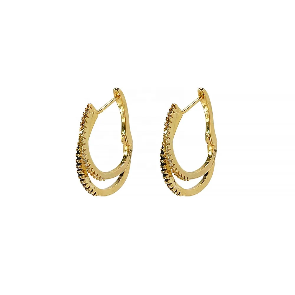 

new design Irregular double layered brass hoops earring for women pave mix color micro zircon hoop huggie earrings E0535, Gold