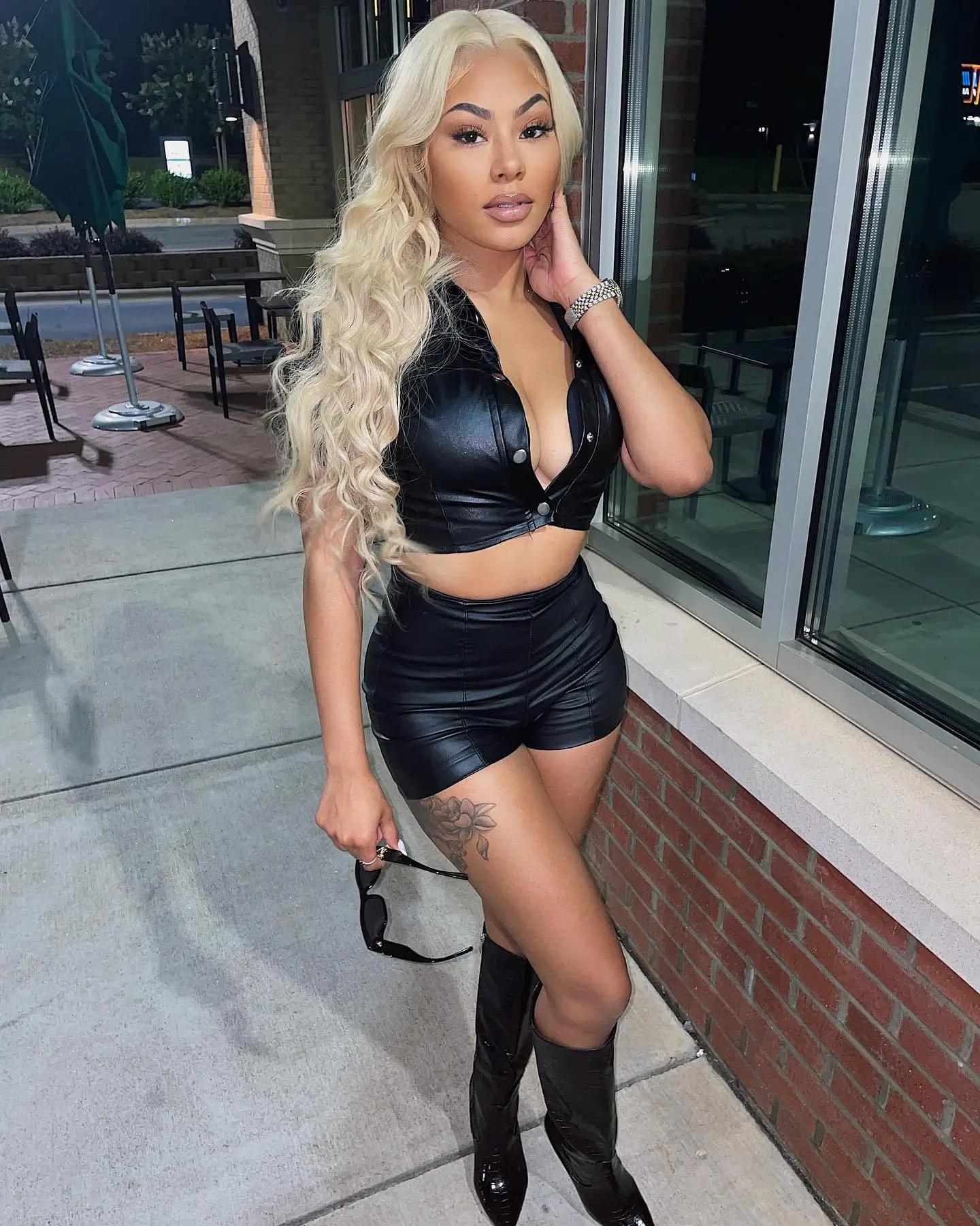 

Trend 2022 Women Two Piece Short Set Sexy Short Sleeve Shirt and Shorts Sets Plus Size Summer Crop Top women Leather Short Set, Black