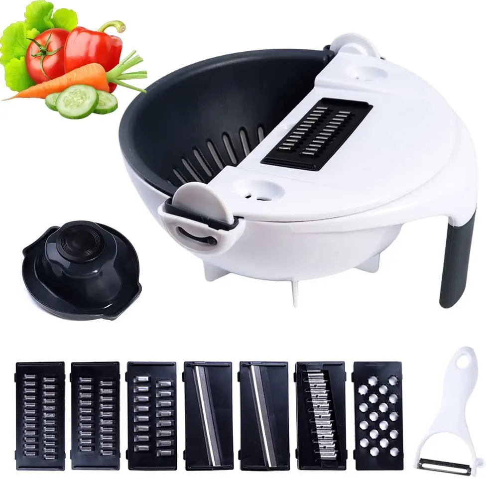 

Multifunction 9in1 Vegetable Slicer Cutter Veggie Shredder Grater with Drain Basket,Fruit and Vegetable Tools