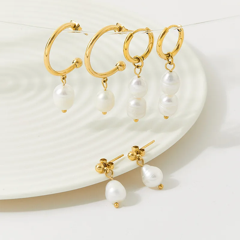 

French Elegant Style Natural Freshwater Pearl Dangle Earrings Ins 14k Gold Plated Stainless Steel Pearl Earrings For Women Girls