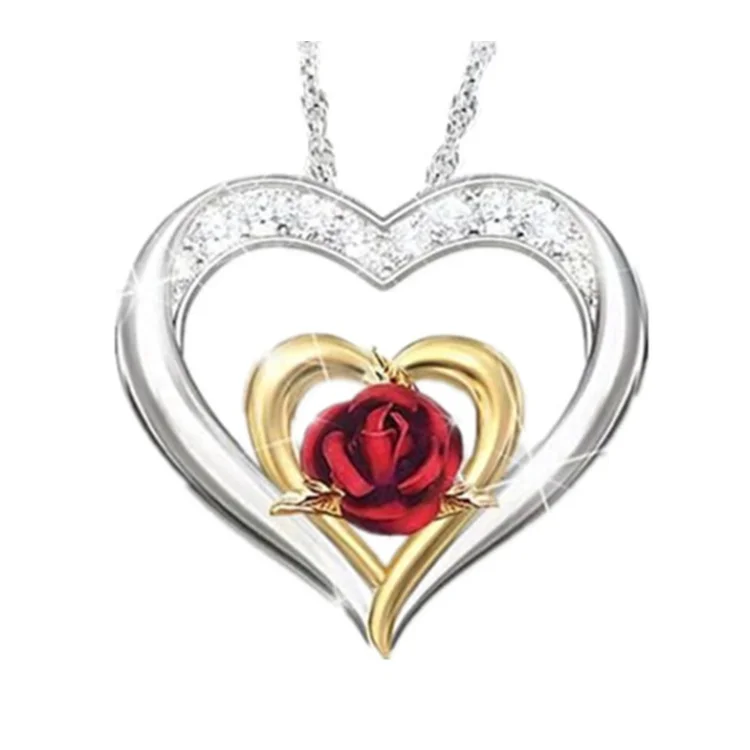 

Jewelry Rose Flower Heart Shaped Necklace Flower Pendant Womentwo Two tone flower necklace