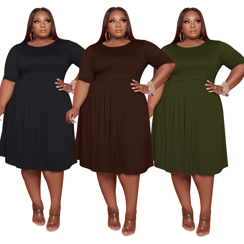 

OSS21088 Summer new style solid color round neck big swing short sleeve mid-length plus size loose dresses, 3 colors
