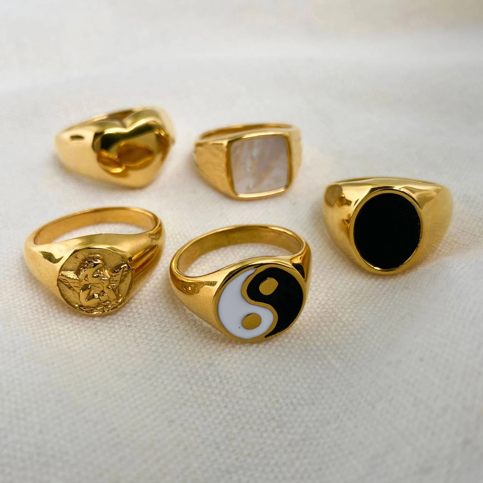 

18K Gold Plated 316L Stainless Steel Shell Rings Heart Shape Yin Yang Chunky Finger Rings Jewelry For Women