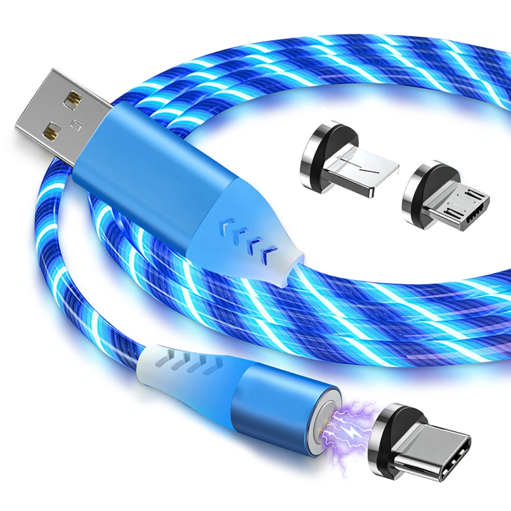 

2021 New Trending LED Flowing Light Magnetic Charging Cable Cellphone Fast Charging Cord Micro USB Cable Charger Data Cables