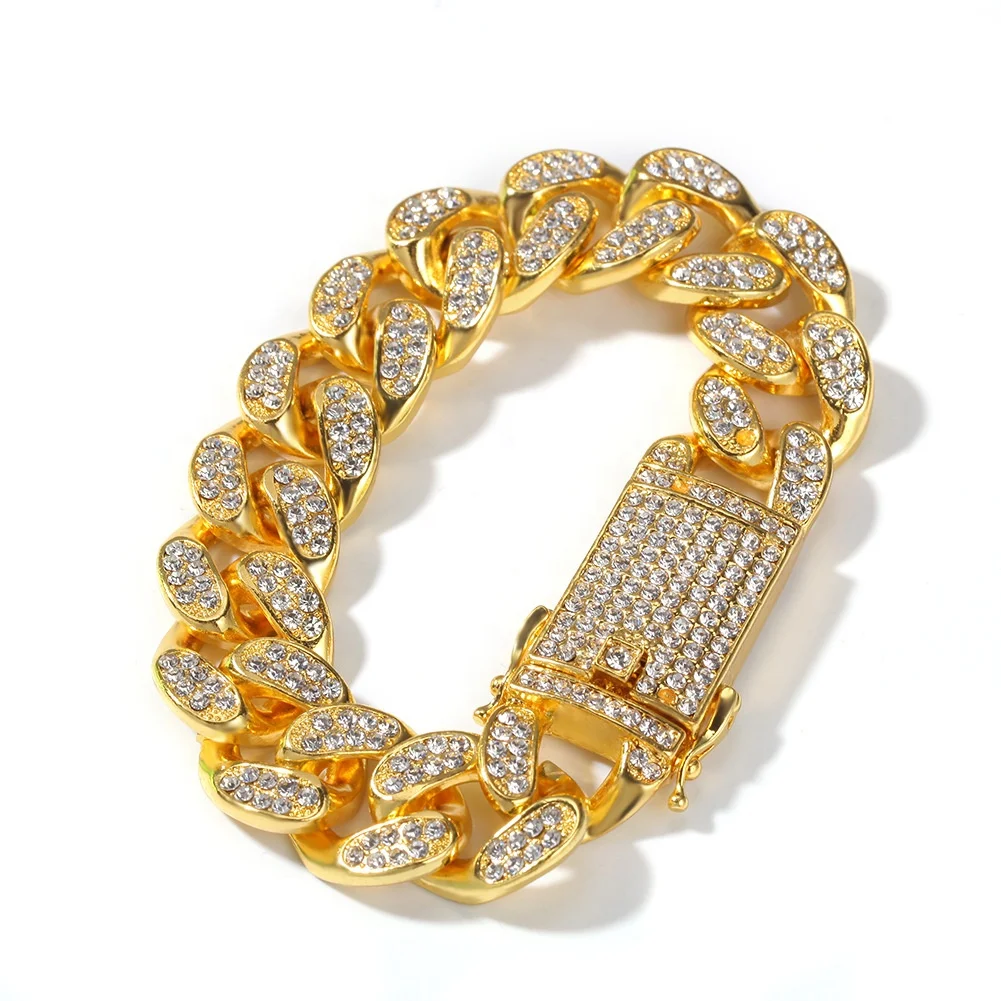

HipHop Jewelry Plated Hot Sale 18K Micro Pave CZ Domineering Full Iced Out 12MM Cuban Link Gold Chain Bracelet