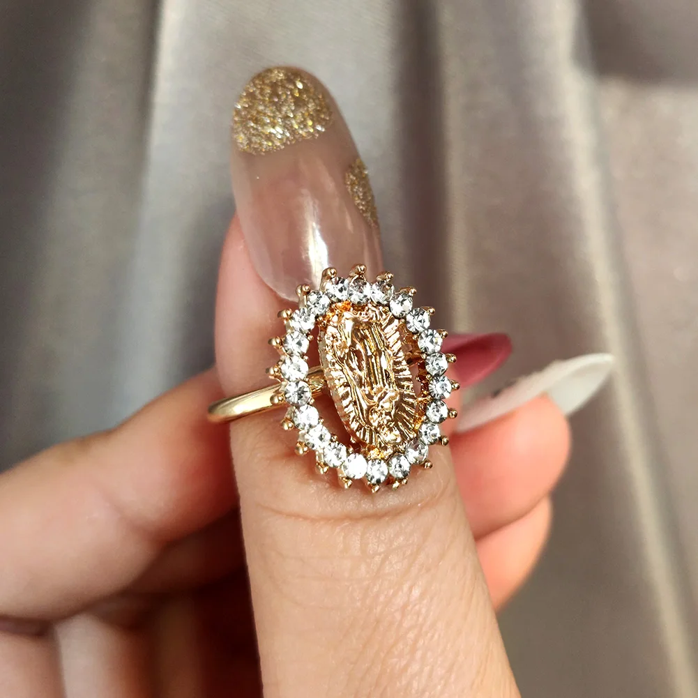 

Gold Filled Plated Crystal Diamond Round Pave Rings For Women Faith Portrait Virgin Mary Finger Rings, Gold plated